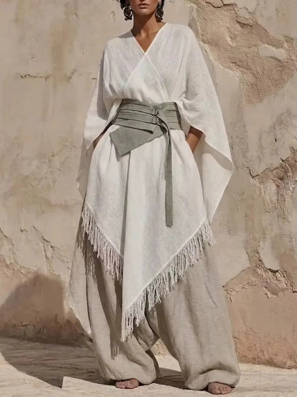 ZARA Fringe Shawl & Loose Wide Leg Pants 2pc Set